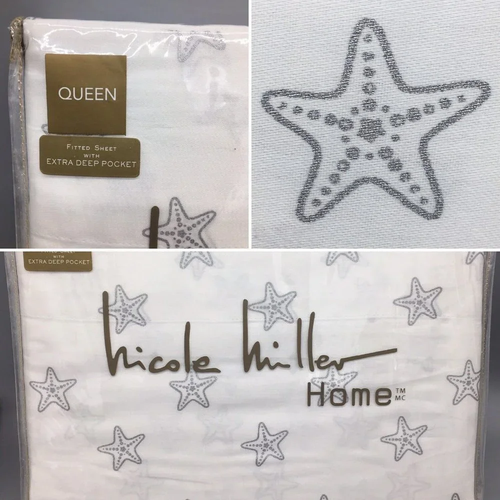 Nicole Miller Silver Starfish QUEEN Sheet Set Beach Ocean Shimmer 100% Cotton